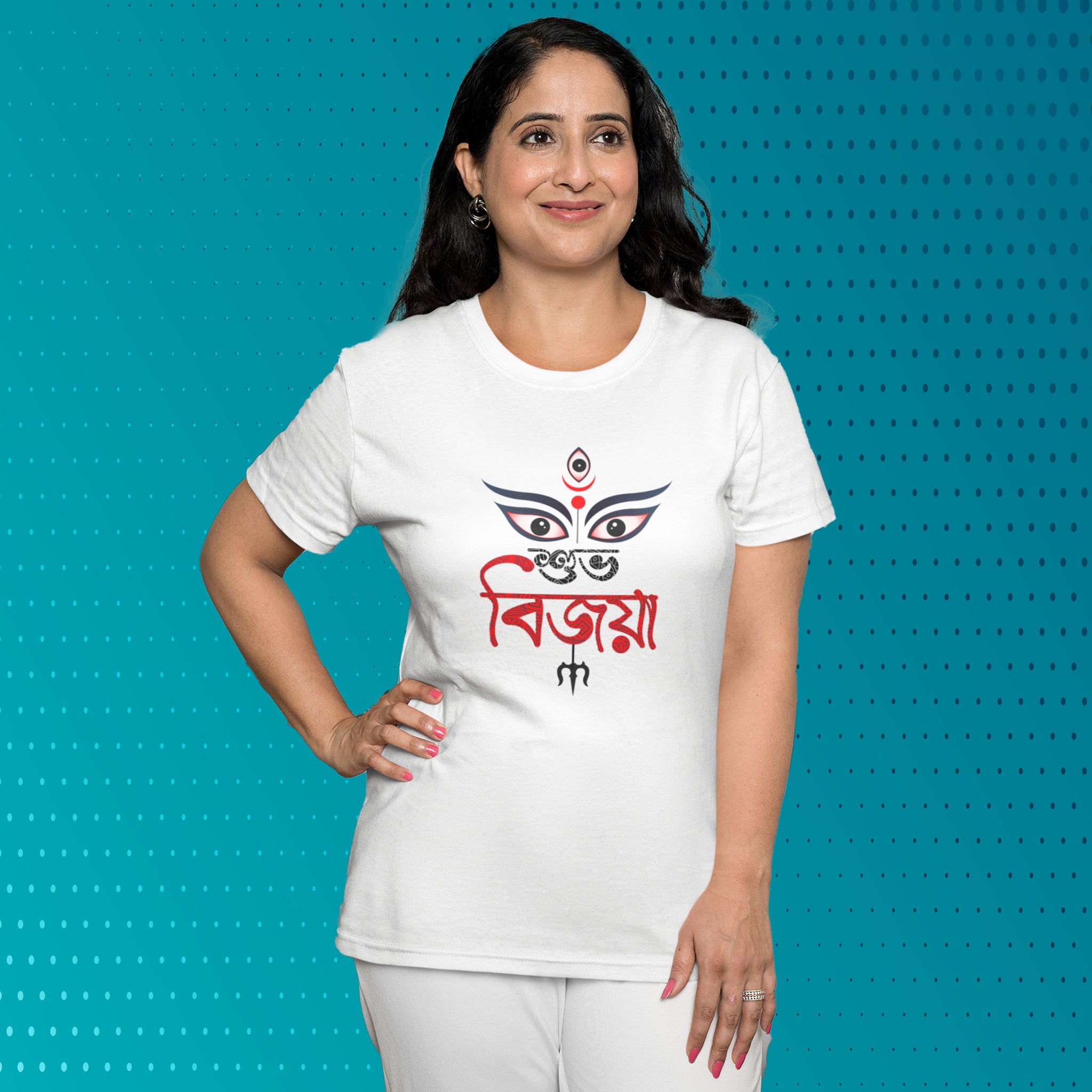 Womens White T-Shirt Printed Pujo Special Subho Bijoya